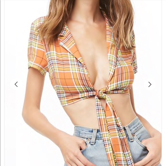 Retro Plaid Tie Front Crop Top - Picture 4 of 4